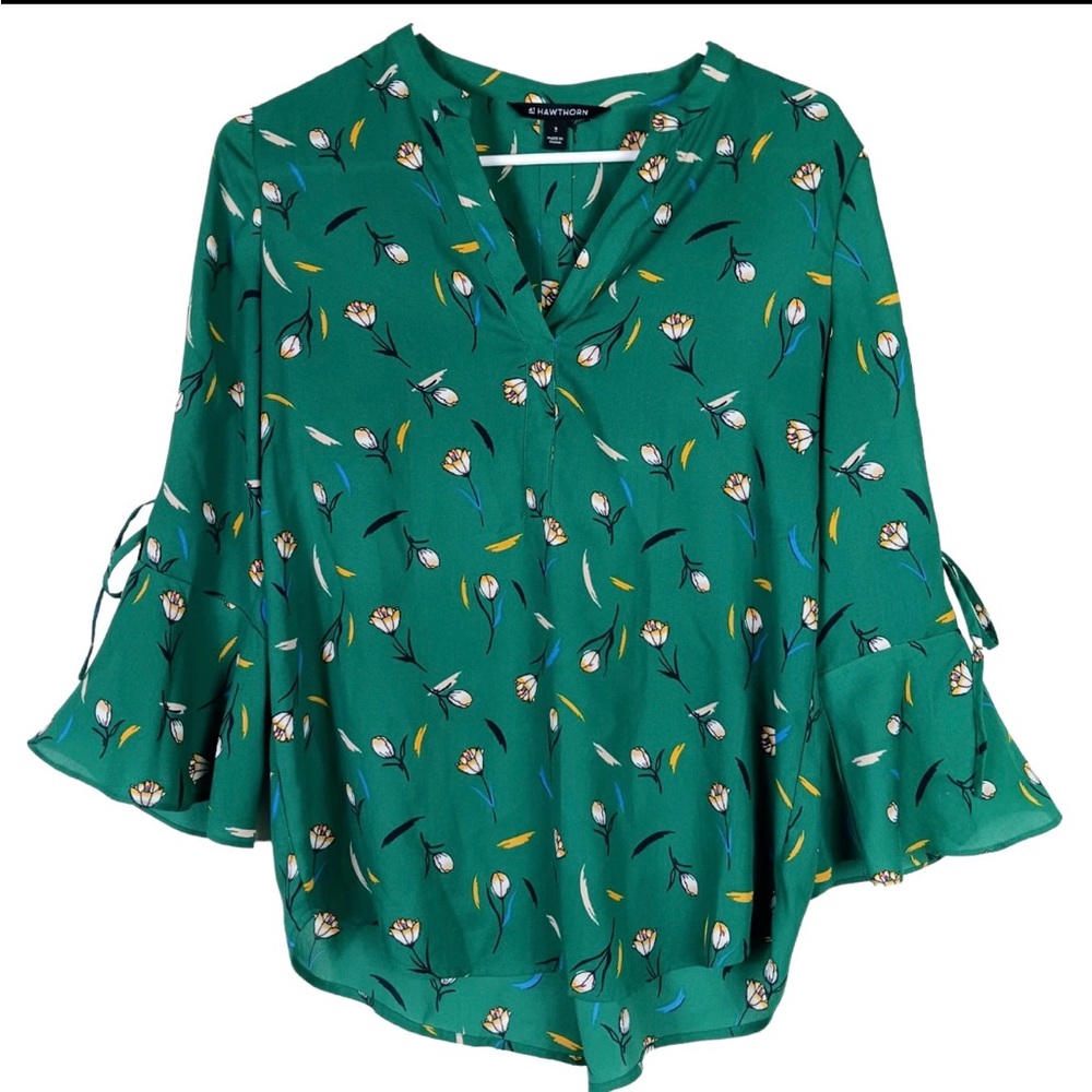 41 Hawthorn Green Bell Sleeve Blouse with Mandarin Collar